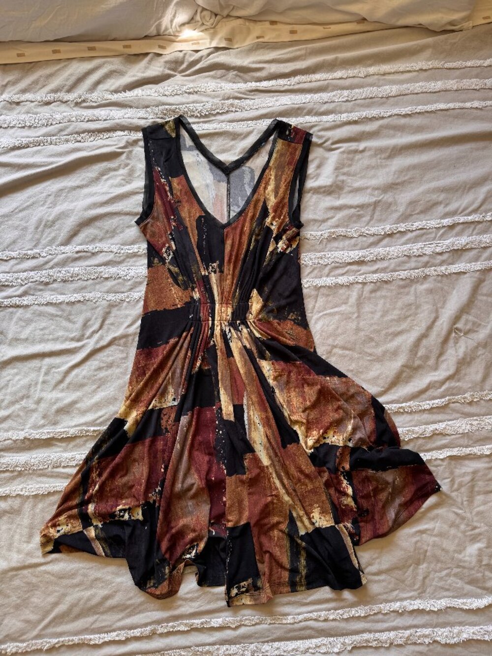 Kohl's Earth Tone Abstract Brushstroke Geo V-Neck Flowy Dress M/L